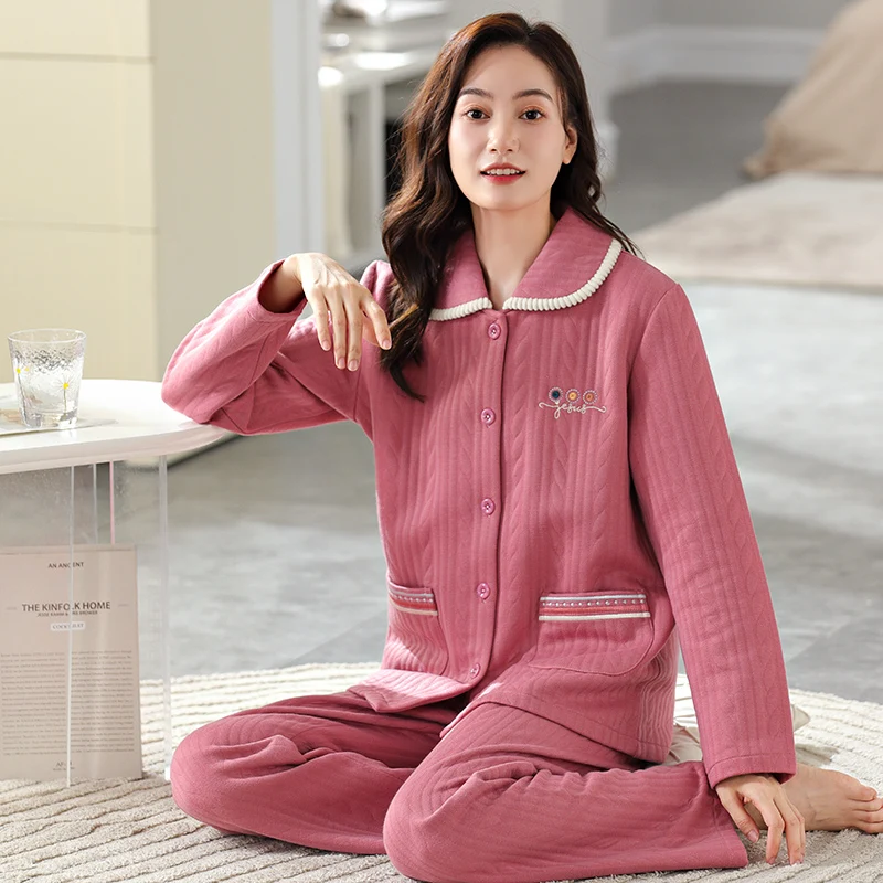 Three layer thin cotton interlayer pajamas autumn and winter women's cardigan pajamas winter all cotton female home clothing set