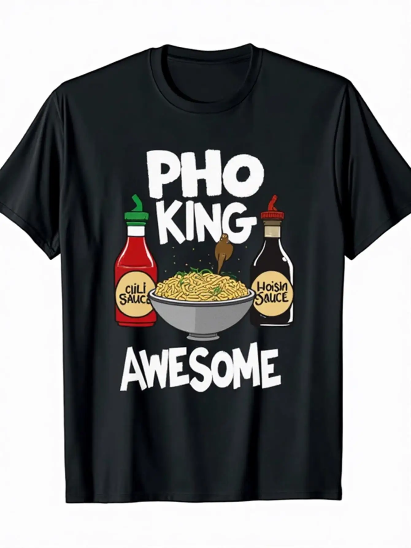Divertida camiseta gráfica vietnamita Pho King, 100% algodón, informal, cuello redondo, manga corta, diseño de salsa de chile y hierba, adecuada para Halloween, vacaciones y uso diario, regalo para amantes de los alimentos vietnamitas, ropa temática de olla caliente lavable a máquina