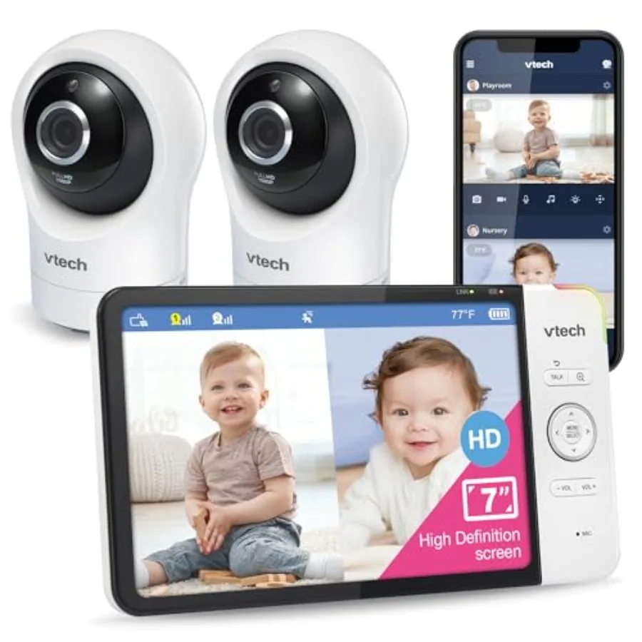 

Видеоняня VTech RM7764-2HD Smart WiFi с 2 камерами, видео 1080p HD, панорамированием и наклоном на 360°, 10-кратным зумом, 7-дюймовым HD-дисплеем для родителей, ночное видение, цвет серый