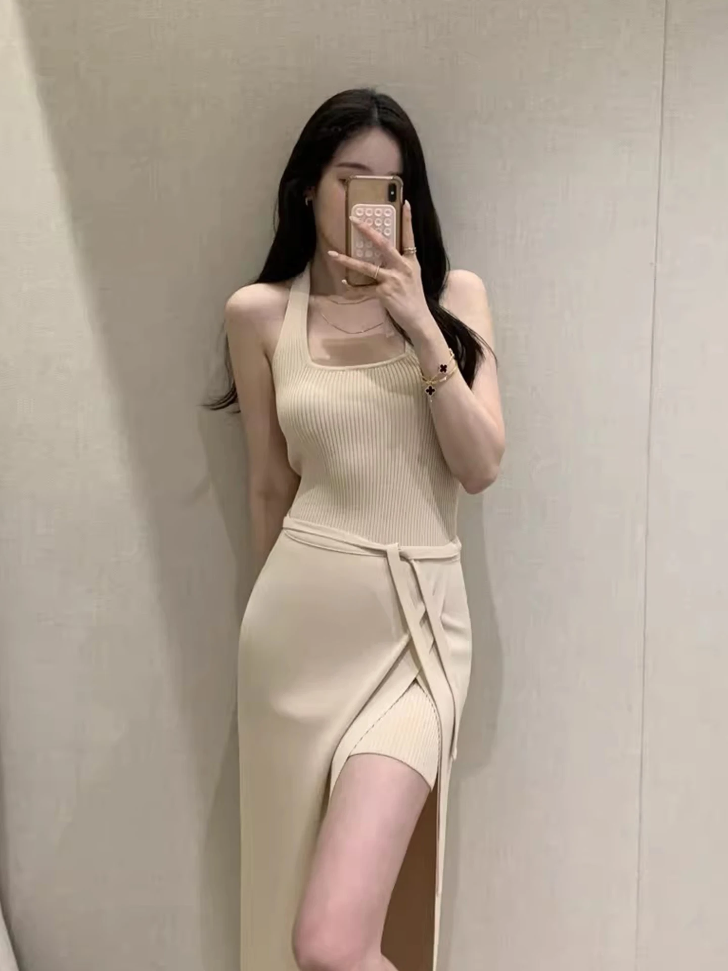 

Fashionable Split Sleeveless Midi Dress Set for Women Summer New Style Half Body Belted Curtain Two Piece Set Commute Style
