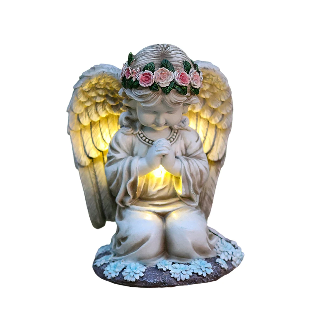 Angel Garden Statue, Solar Resin Praying Angel Figurine Sculpture With Lights, Housewarming Gifts For Outdoor Garden Patio