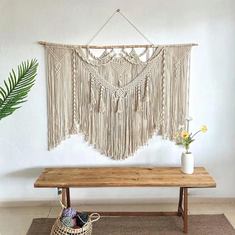 Nordic Style Macrame Tapestry  Handmade Woven Tapestry Cotton Rope Tassel Wall Hanging Bohemian Room Background Wall Decoratio