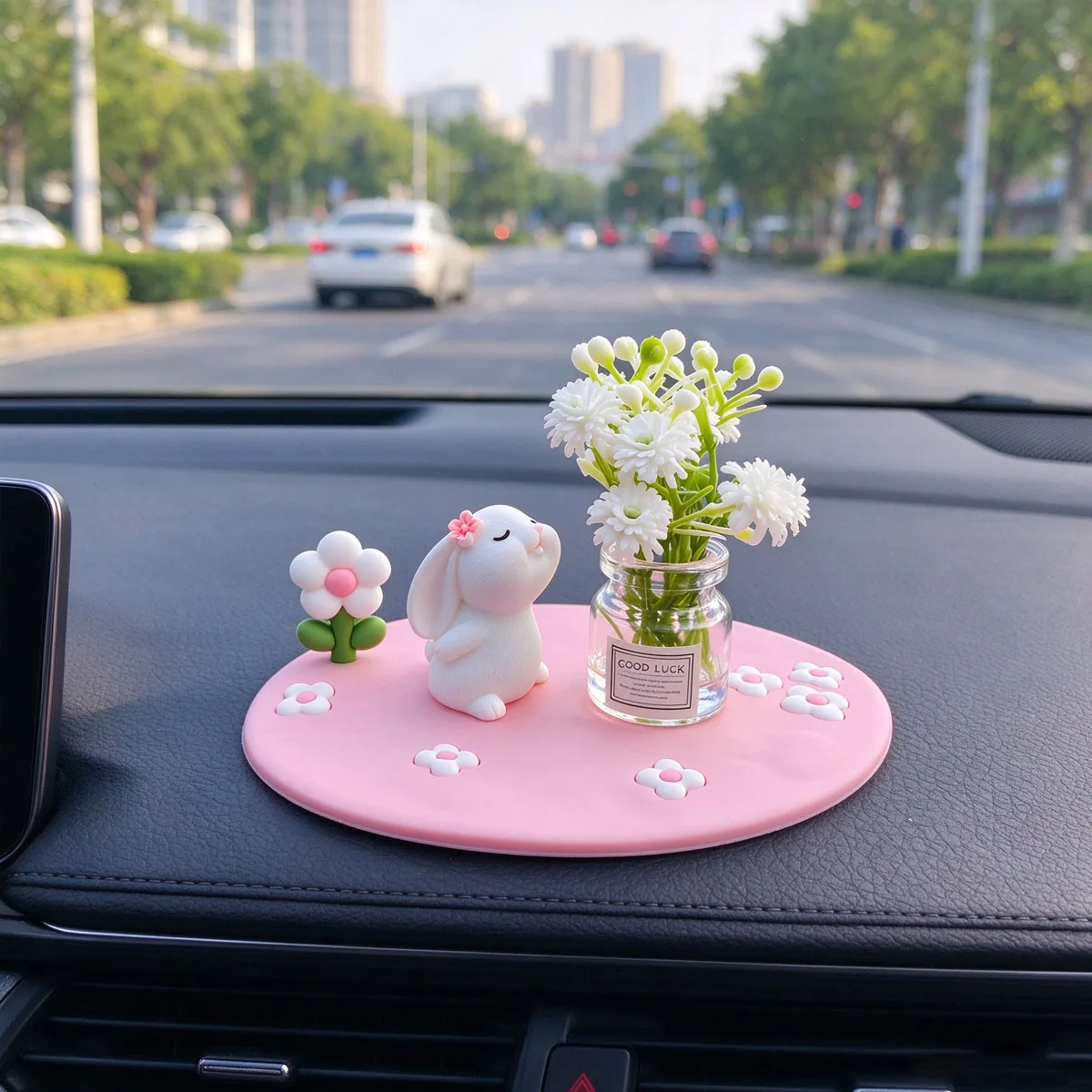 Cute Rabbit Car Dashboard Decor, Mini White Bunny Figurine with Vase & Pink Mat, Resin Desk Ornaments