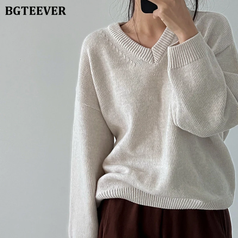 BGTEEVER Autumn Winter Warm Sweater for Women Loose V-neck Knitted Pullovers Jumpers Ladies Long Sleeve Knitwear Tops