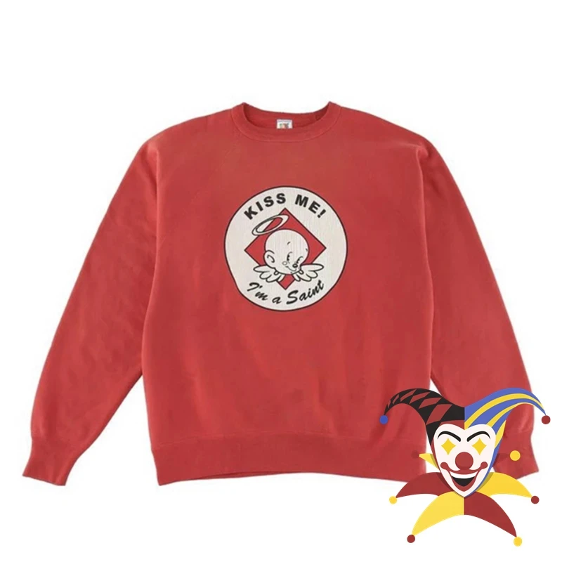 Washed Red Saint KISS ME Sweatshirts Men Women Angel Baby Destroy Hoodie Crewneck