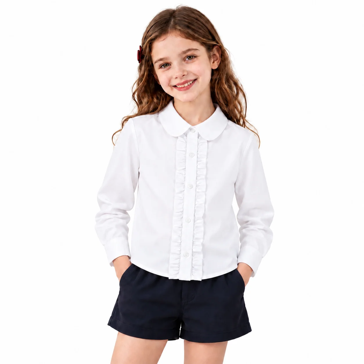 Kids Long Sleeve Shirt Peter Pan Collar Front Ruffle Trim Button Placket Smooth Woven Fabric School Uniform Blouse