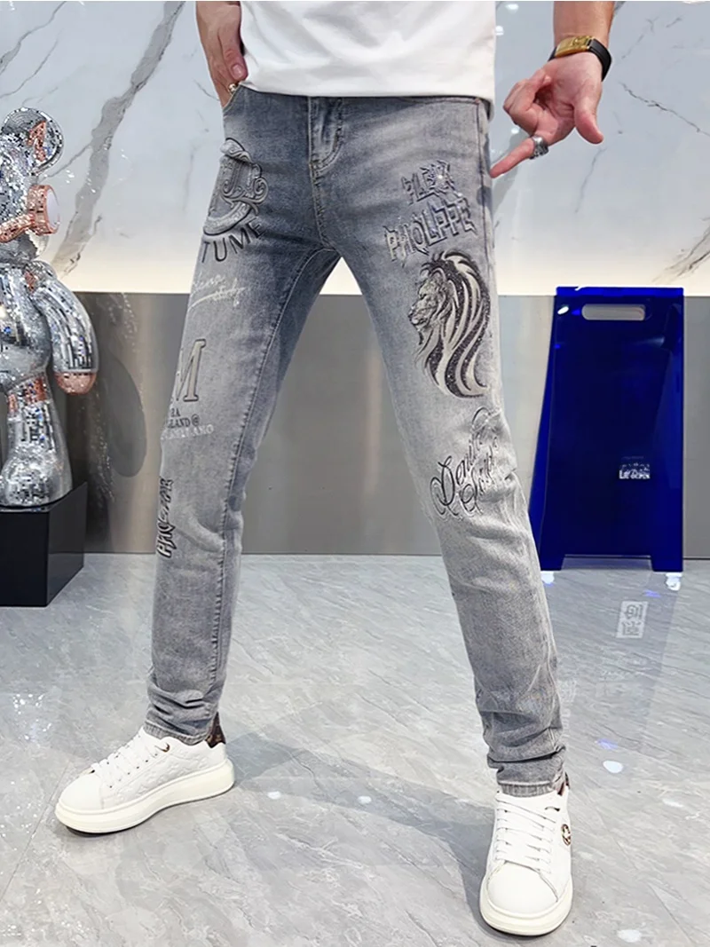 

Ele Men's Summer Thin Casual Faion Printed Rhinestone Slim Fit Long Jeans Breathable Youth Trendy Water Waed Jeans