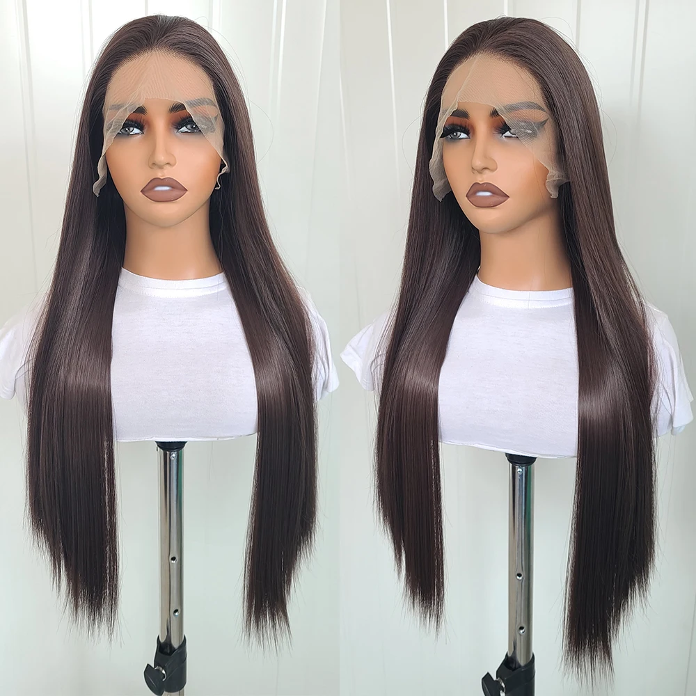 Chocolate marrom sedoso em linha reta cabelo sintético perucas dianteiras do laço para preto feminino sem cola transparente longo 180 densidade perucas do laço