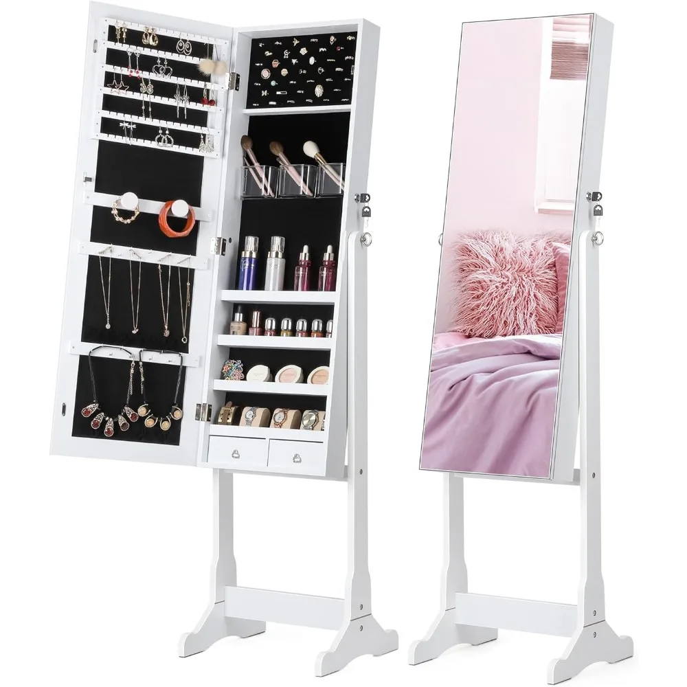 

Jewelry Cabinet with Full-Length Mirror, Standing Lockable Jewelry Armoire Mirror Organizer, 3 Angel Adjustable, White