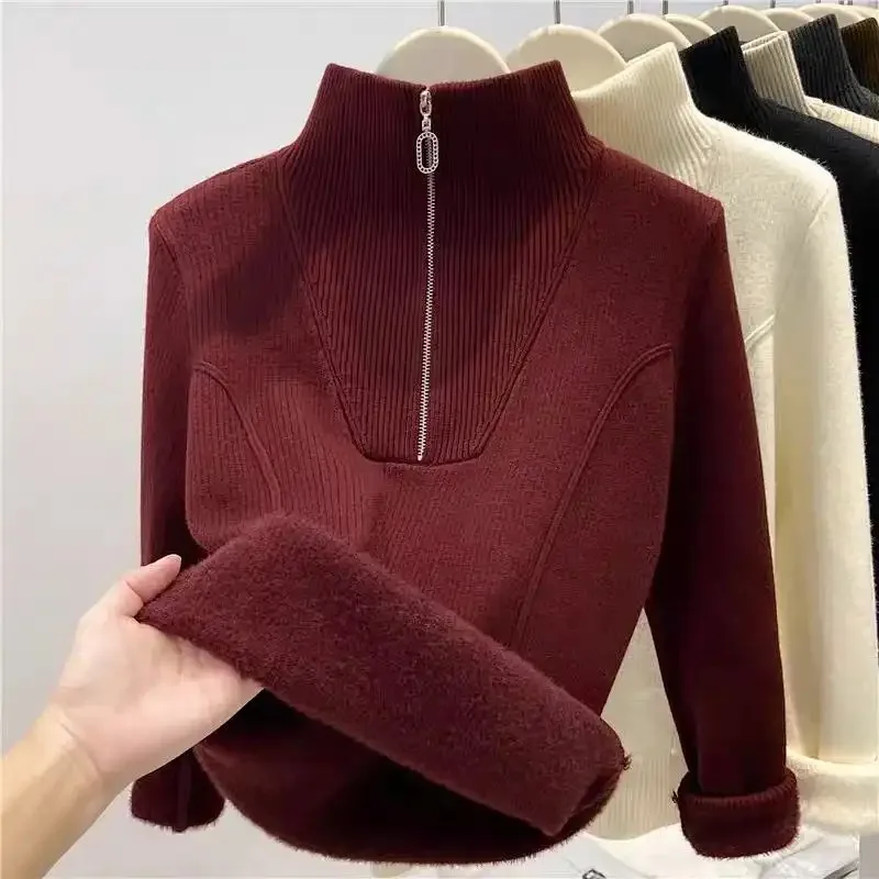 

Thickened One-piece Velvet Sweater Women's Fashionable Stand-up Collar Half-zip Warm Top Bottoming Shirt Long-sleeved Top
