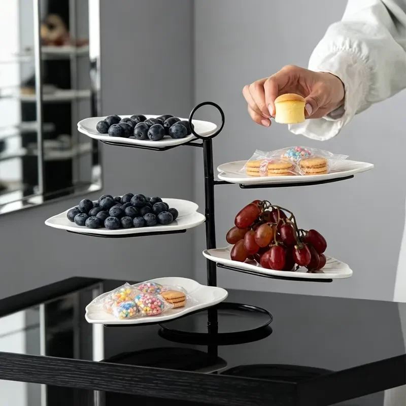 Multi Layer Leaf Shaped Wrought Iron Ceramic Fruit Tray Rack Tiered Storage for Dessert Fruits Simple Modern Design