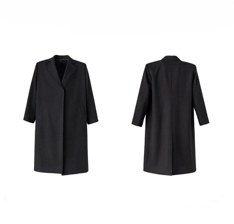 خندق بسيط 2025 خريف بدون أزرار نمط فضفاض أسود مرقع موضة معطف طويل سترة فاخرة #6