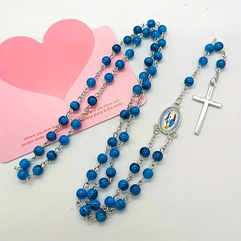 Glass Bead Rosary Necklace Vintage Catholic Religious Cross Pendant Necklaces for Men Women Jewelry Wall Decoration Necklace
