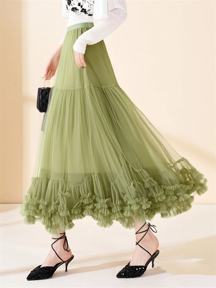 

2025 Solid Kawaii High Waist Mesh Half Skirt with Big Flounce Elegant Puffy Style Slimming Ruffle Tulle Tutu Skirts for Women