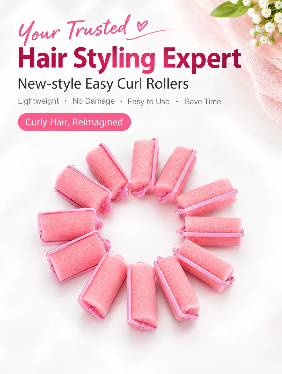 Sponge Hair Rollers Soft Foam Heatless Curlers 3cm Pink 8 Pcs Sleep Styling Tool for Long Locks DIY Bangs
