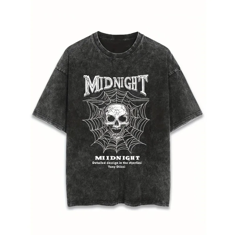 Midnight spider web skeleton pattern oversized washed black T-shirt, suitable for men - fashionable streetwear, retro appearance