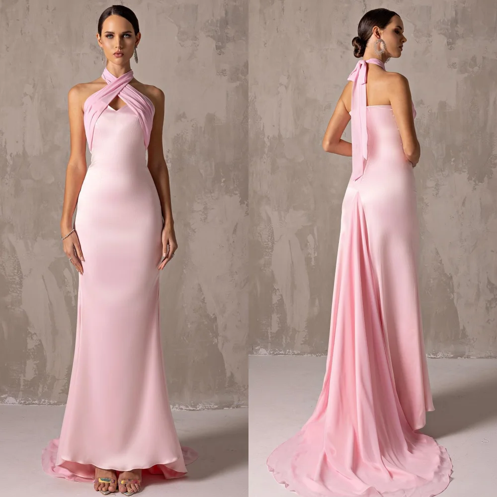 

Jiayigong High Quality Charmeuse Ruched Quinceanera Sheath Halter Bespoke Occasion Gown Long Dresses