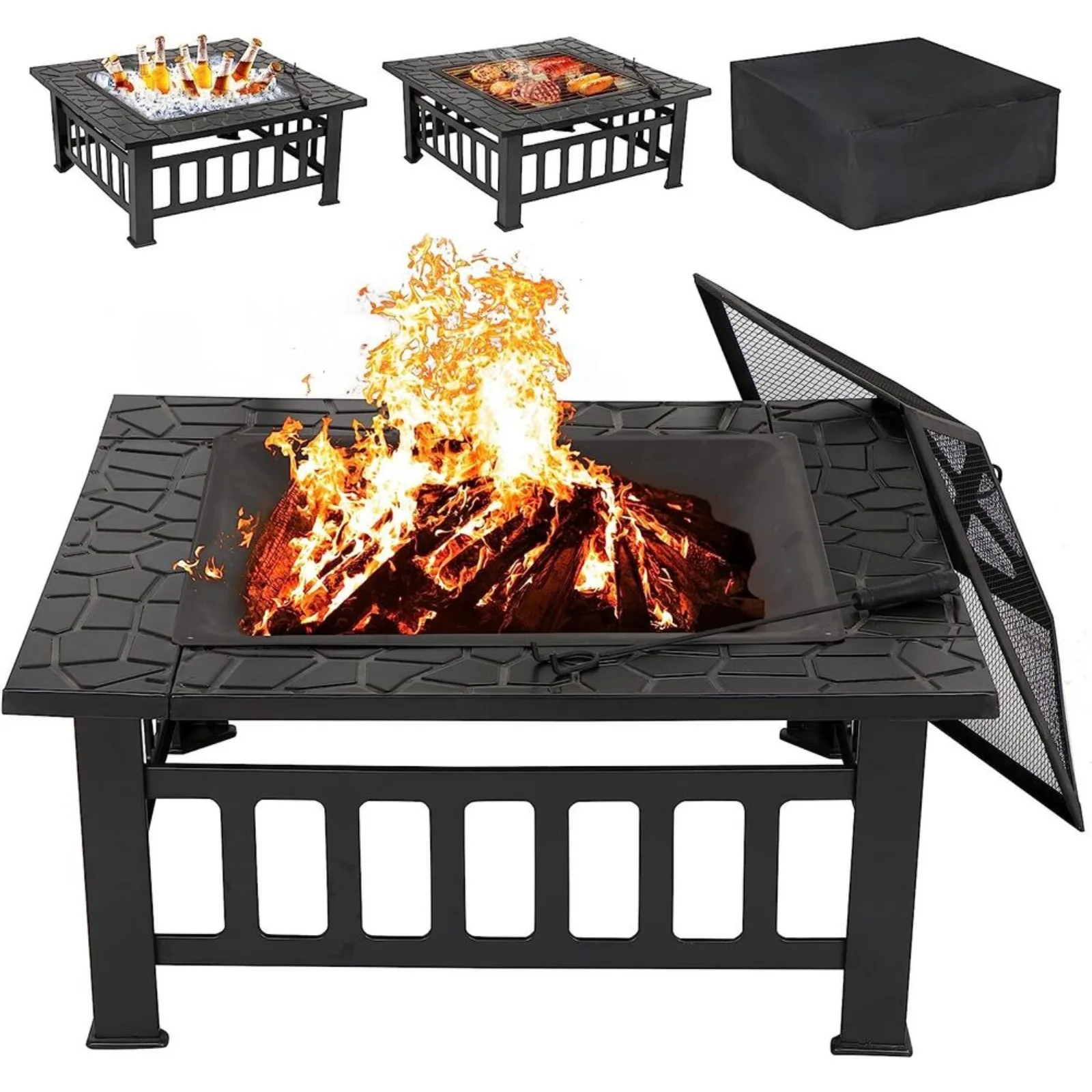 

US 32" Fire Pit Square Metal Firepit Backyard Stove Wood Burning with Cover Outdoor