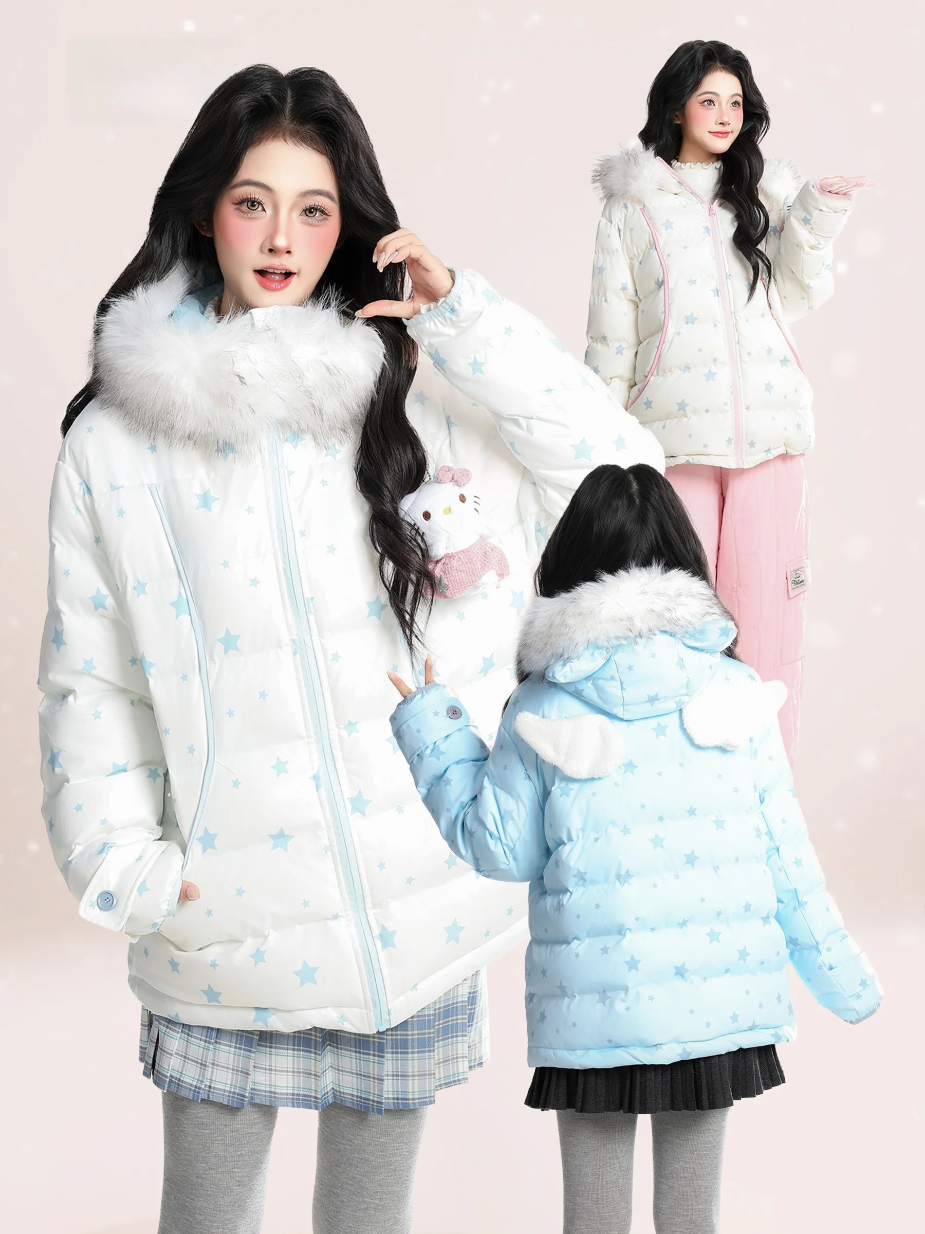 

Корейская женская хлопковая куртка с принтом Sle Star, зимнее теплое пальто-пуховик с меховым воротником, свободный крой, длинный рукав, застежка-молния