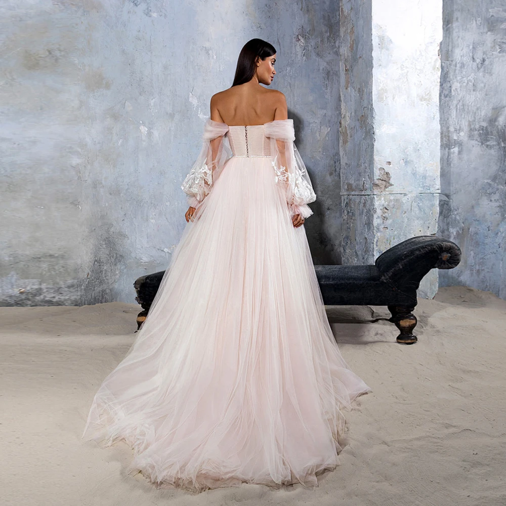 심플한 스트랩리스 웨딩드레스, 부드러운 튤 소재, 2025년 여름, 긴팔, 코트 트레인, A라인, 베스티도 데 노비아