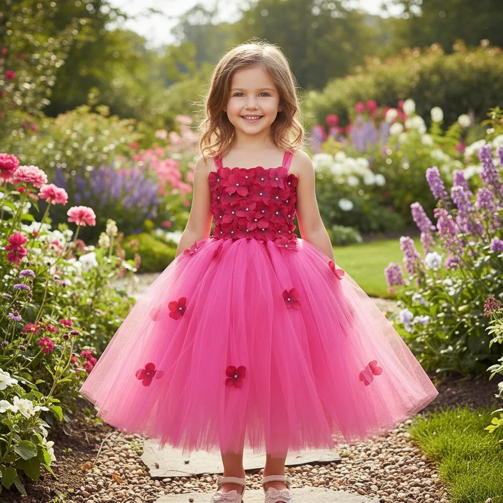 Robe de mariée en tulle rose pour filles, robe tutu, pétale de fleurs, robe de soirée formelle, robe de princesse, robe éducative, qualité