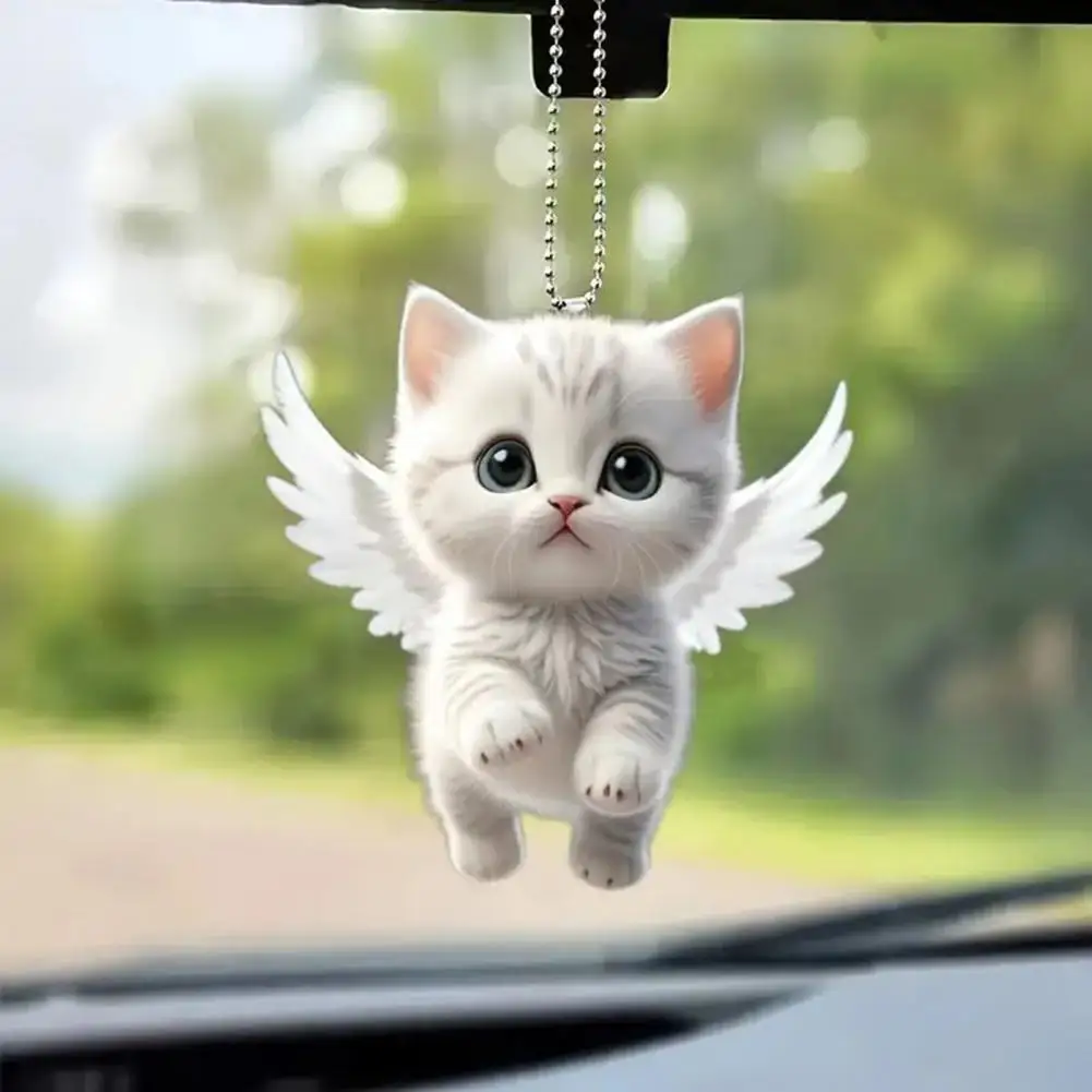 Cute White Kitten Pendant with Lanyard Whimsical Charm Auto Car Pendant Modern Whimsical Angel Cat Rearview Mirror Ornament Gift