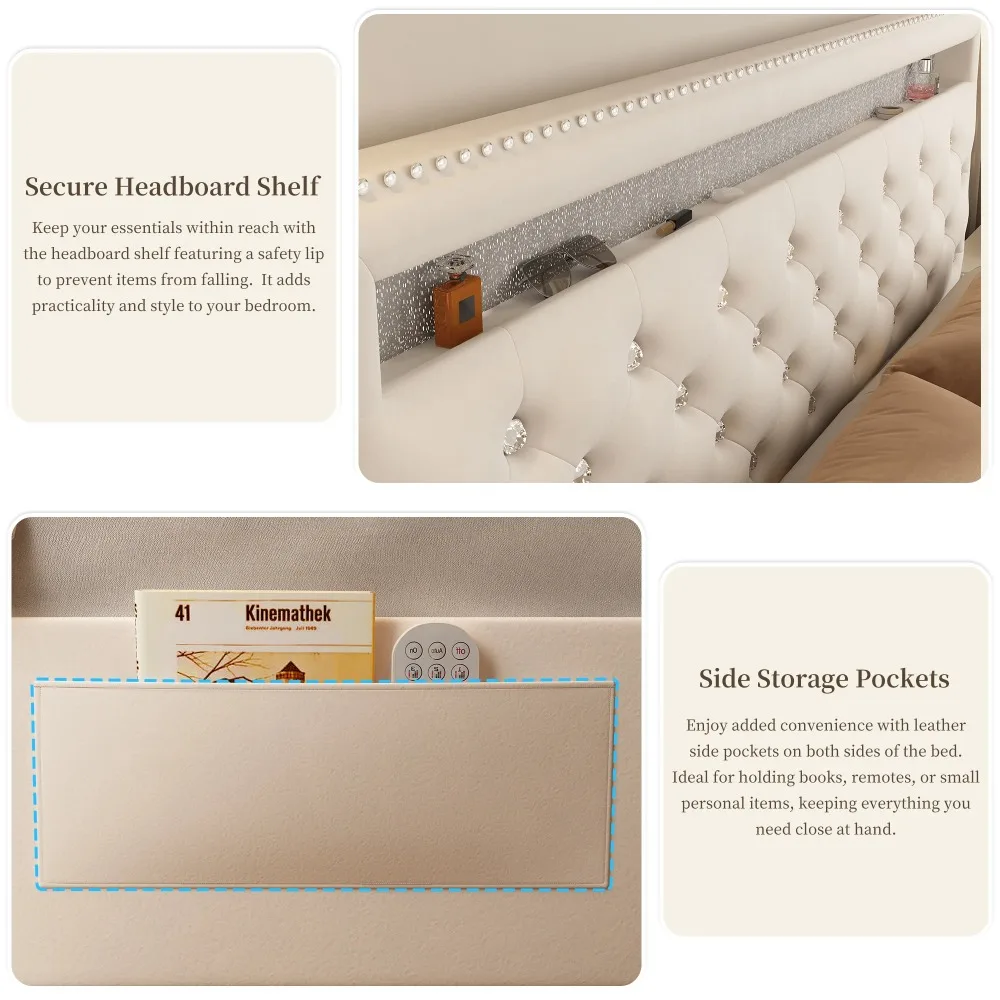 Full LED Bed Frame with Adjustable Headboard, Storage Drawers & Side Pockets, Velvet Cream bed