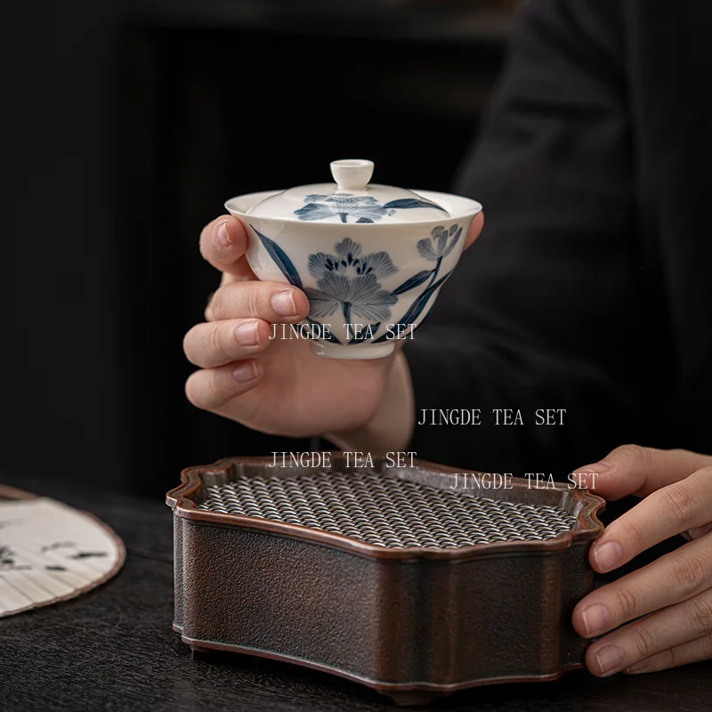 1pcs  Ceramic Tea Cup Lid Bowl Creative Retro Kung Fu Tea Cup Hand-painted Lily Underglaze Color Tea Bowl Gaiwan