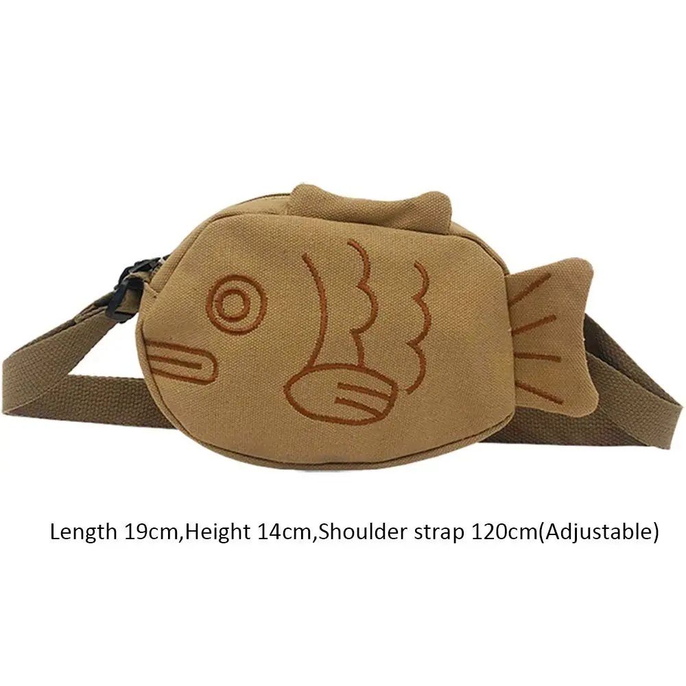 Cute Canvas Messenger Bag Creative Cartoon Embroidery Fish Shape Bag Portable with Shoulder Strap Zippered Small Purses
