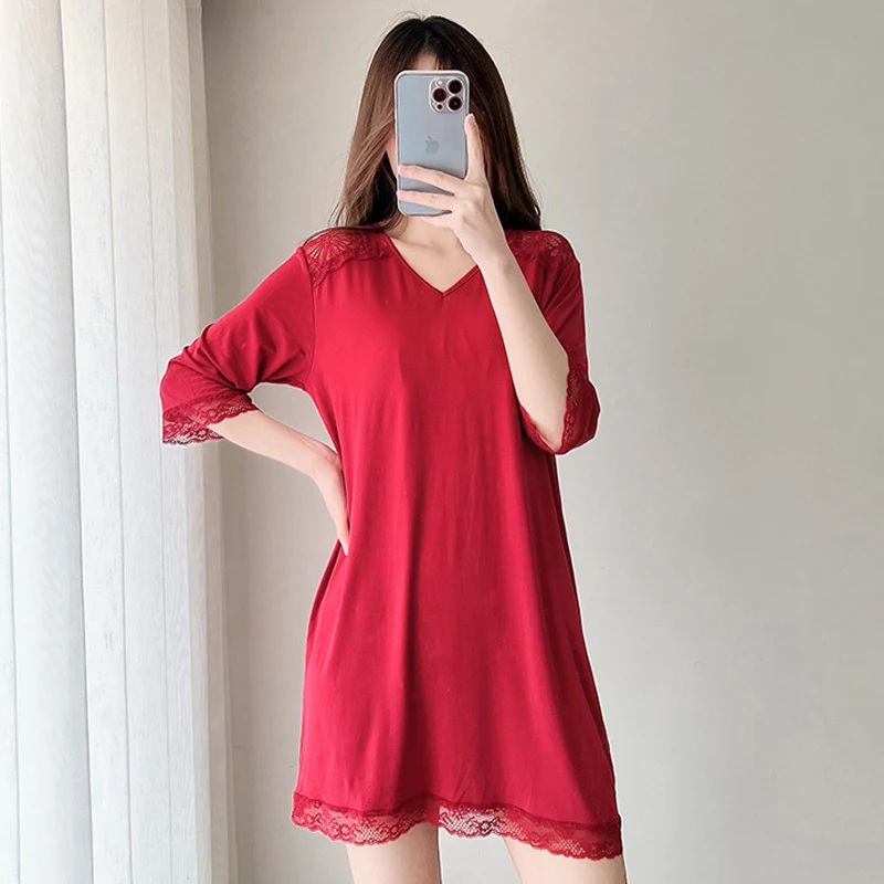 Modal V-Neck Nightgown Women's Sexy Lace Edge Nightdress Solid Color Casual Loose Fitting Sleepwear Oversize Nightwear Homewear