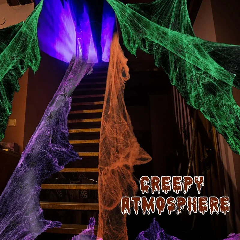 Künstliches Spinnennetz Halloween-Deko Buntes Baumwoll-Stretch-Spinnennetz mit Fake-Spinnen Gruselige Party-Dekoration Horrorhaus-Requisiten – Detail 7
