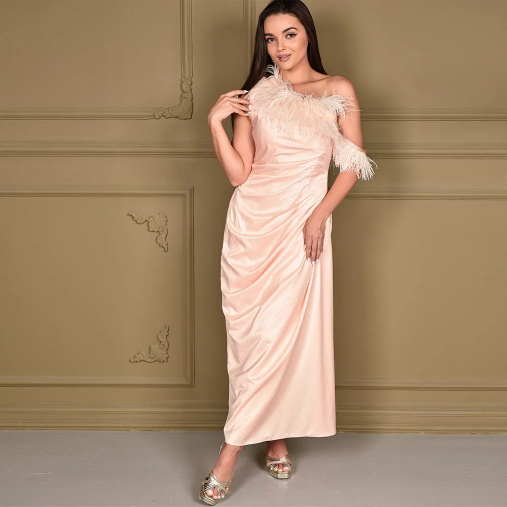 

One-Shoulder Feather Prom Gown Solid Color Ankle-Length Evening Dresses Backless Simple Party Dress فساتين للحفلات الراقصة