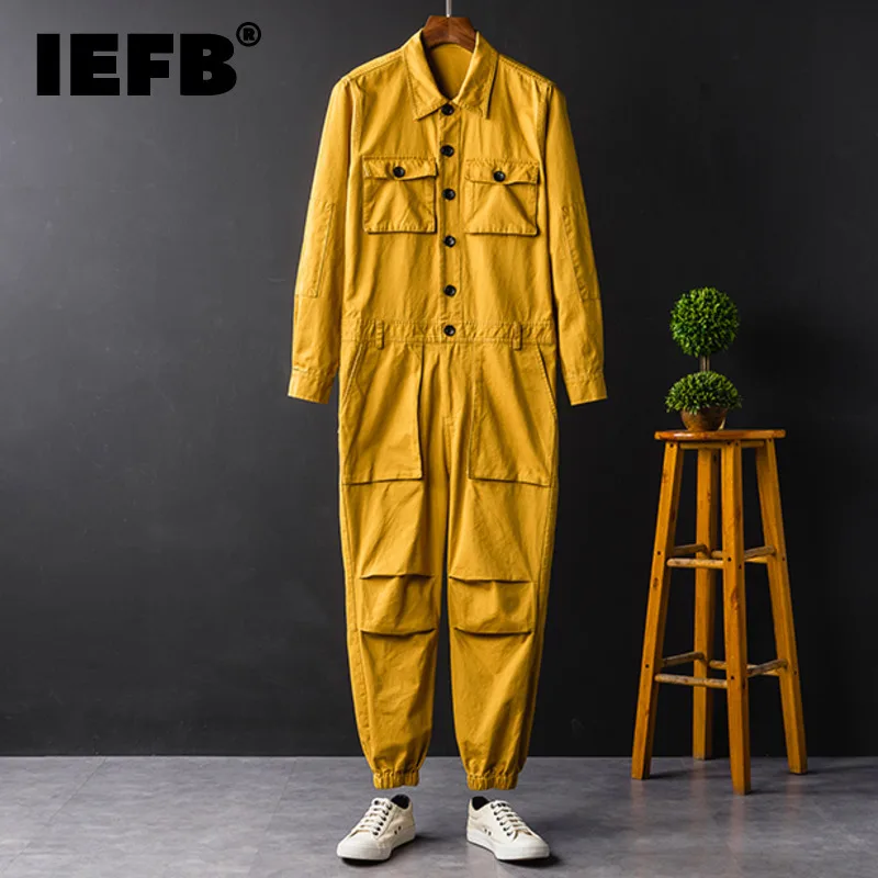 IEFB Men\'s Jumpsuit Long Sleeve Workwear Single Breasted Lapel Cloth 2023 New Summer Autumn Male Trousers Trendy Menwear 9C600