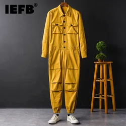 IEFB Men's Jumpsuit Long Sleeve Workwear Single Breasted Lapel Cloth 2023 New Summer Autumn Male Trousers Trendy Menwear 9C600