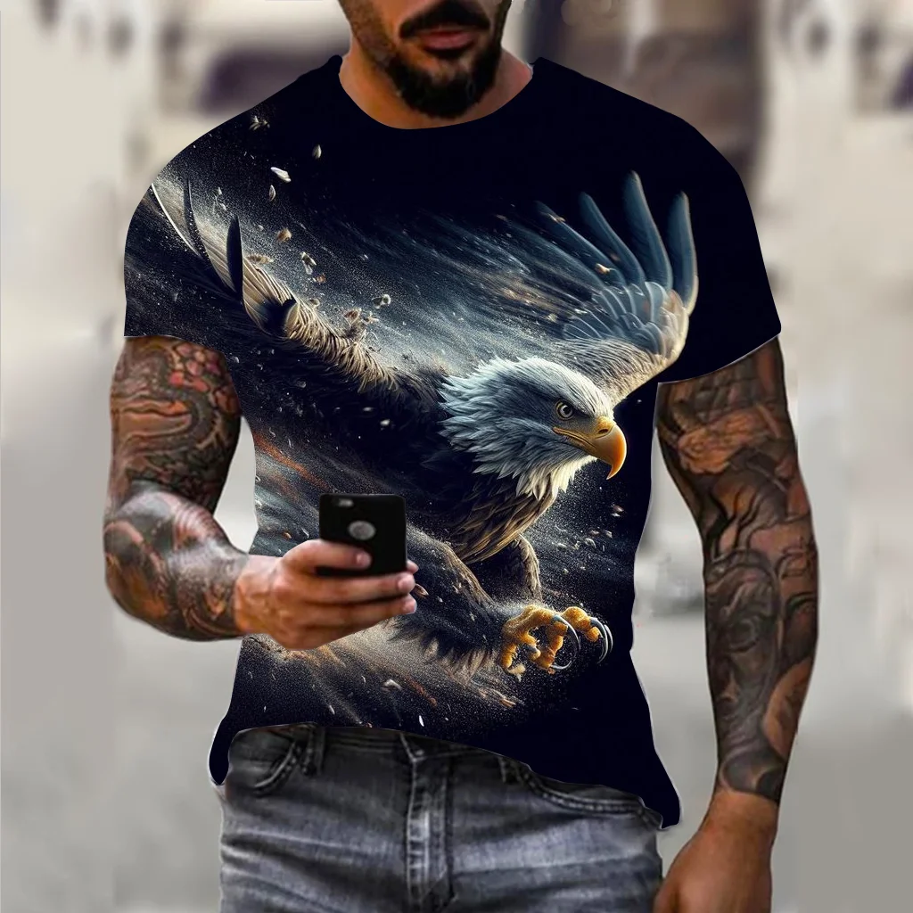 Harajuku Men's T-shirt Hip Hop Trend Street Casual Round Neck Short Sleeve Loose Top Fun 3D Animal Eagle Print T-shirt