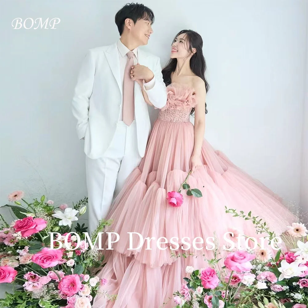 

BOMP Princess Pink Wedding Dresses Pleat Floor Lenghth Beading Strapless Bridal Gown Korea Photo Shoot Customized Elegant