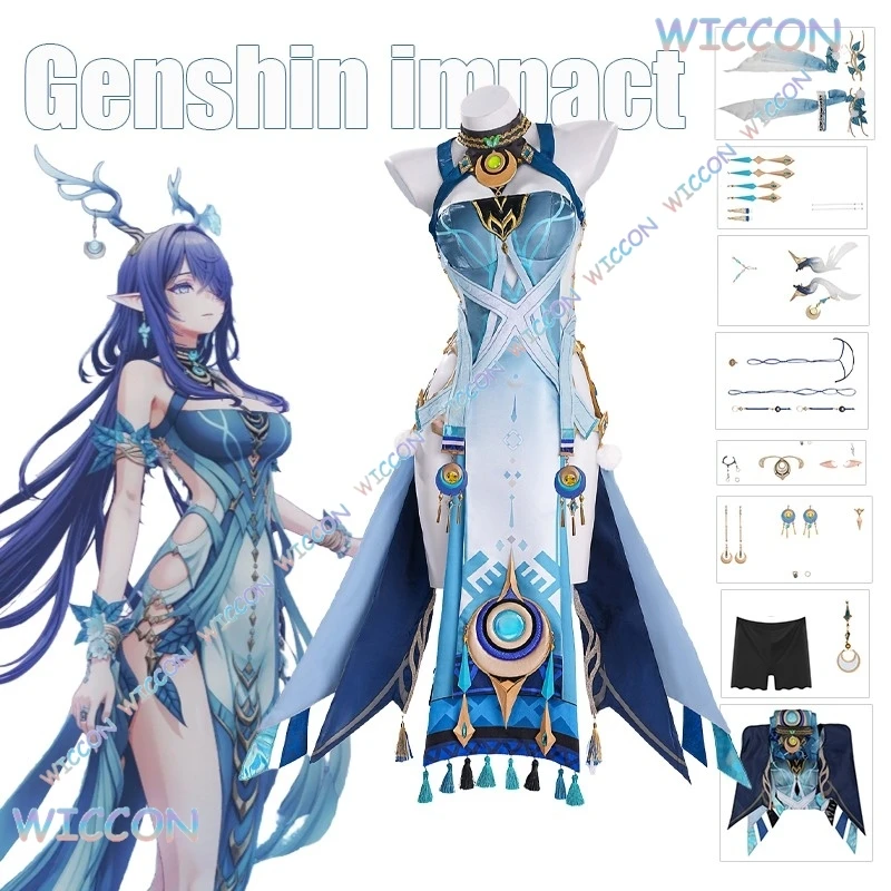 [Wona Cos] Genshin Impact Lauma Cosplay Peruca Vestido Uniforme Headwear Brincos Frostmoon Scions Halloween Party Outfit Wome