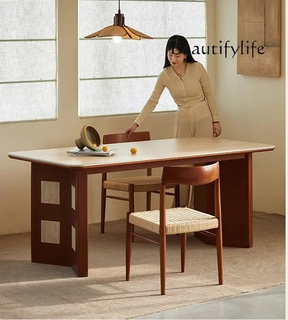 

mesa comedor Modern simple travertine dining table long French retro medieval rock slab solid living room home desk