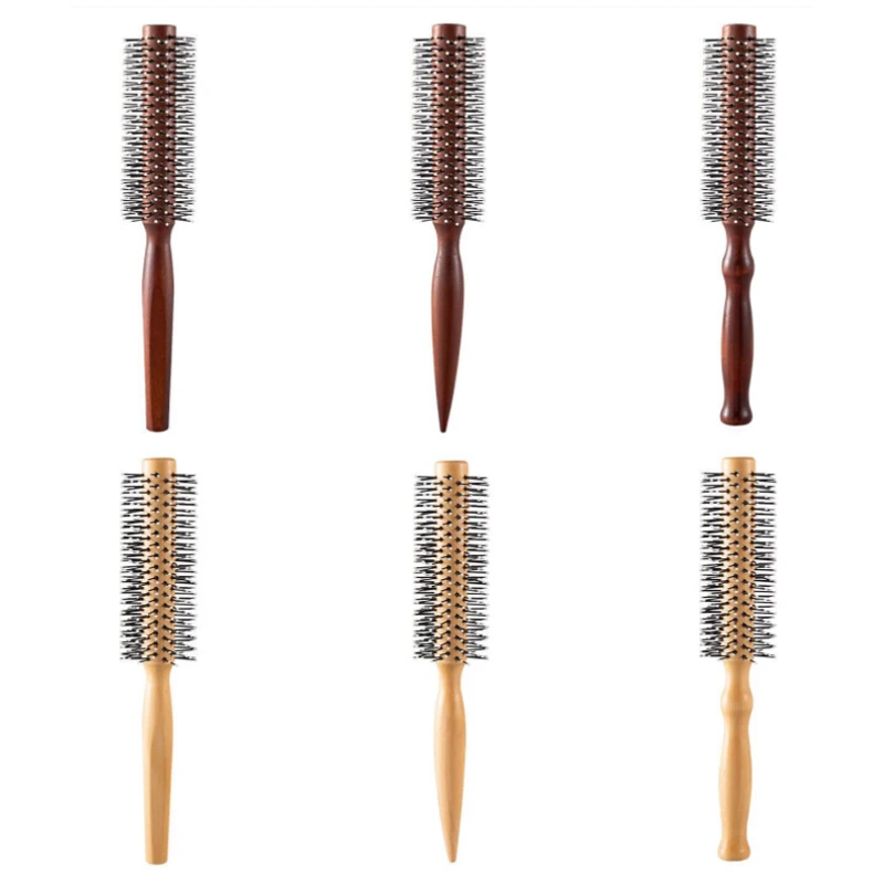 Round Hairdressing Curling Massage Roller Comb Anti-Static Wooden Handle Salon Styling Drying Tool For Real Hair Wigs Barber