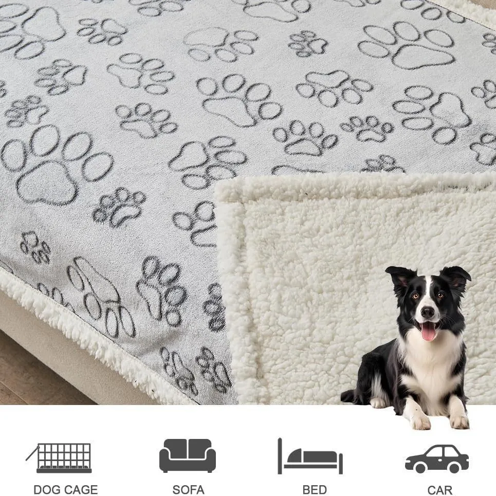 Pet Blanket Waterproof Flannel Sherpa Reversible Dog Cat Throw Mat for Sofa Couch Paw Print Soft Warm Plush Protector Washable view 4
