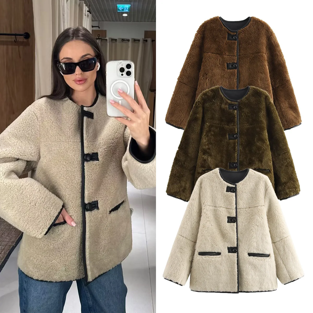 

Women's O Neck Solid Faux Fur Jacket Patchwork Faux Leather Plush Coat Stylish Furry Jackets Winter Fluffy Tops Single-breasted