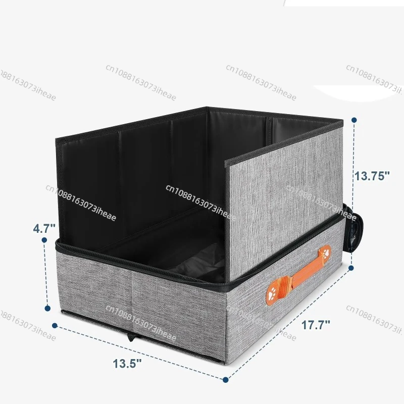 Waterproof foldable fabric box contains travel litter pan with integrated storage for complete mobile cat care.