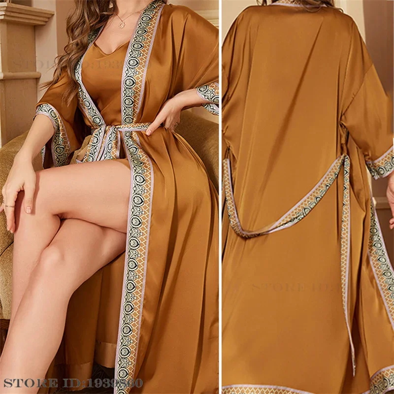 Sexy Women 2PCS Nighty&Robe Set Long Kimono Bathrobe Night Gown Spring Summer New Sleepwear Loose Satin Home Dress Loungewear