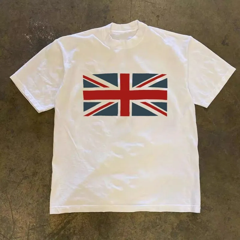 Loose Fit Pure Cotton Short Sleeve T-Shirt Unisex Summer Casual Wear Flag Print Comfortable Breathable Large Size Clothing