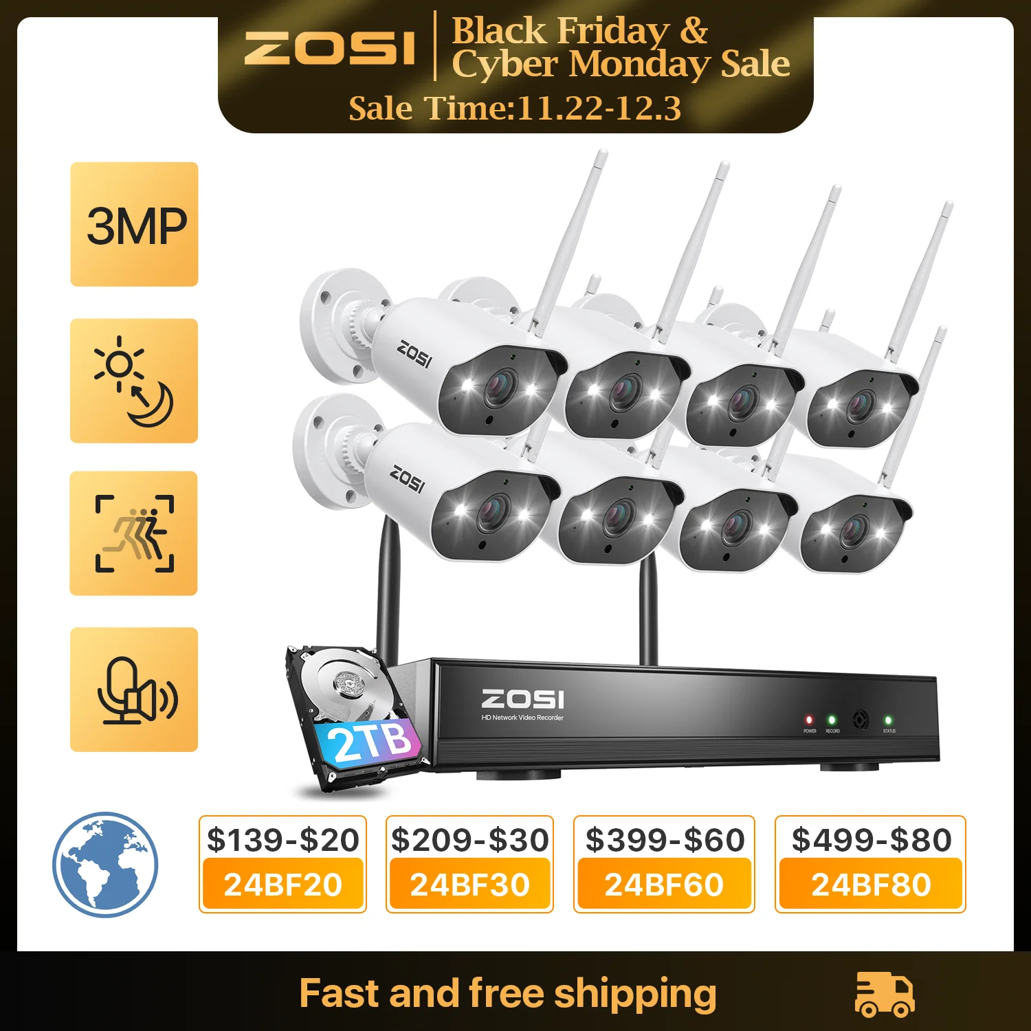 ZOSI WiFi Security Camera System 8CH 2K H265+ Wifi NVR 3MP Outdoor Waterproof CCTV Camera Wireless Surveillance System