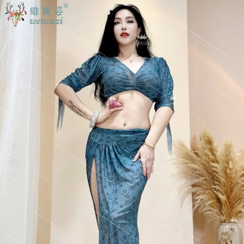 بدلة ملابس أداء الرقص الشرقي للنساء للرقص الشرقي نصف كم علوي + تنورة طويلة شبكية 2 قطعة مجموعة ملابس احترافية شرقية #6