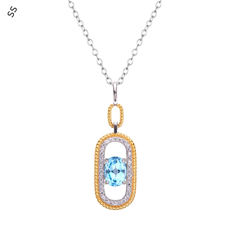 

S925 Sterling Silver with Natural Colorful Gems Topaz Crystal Pendant Necklace for Women/Men Autumn/Winter Garment Accessories