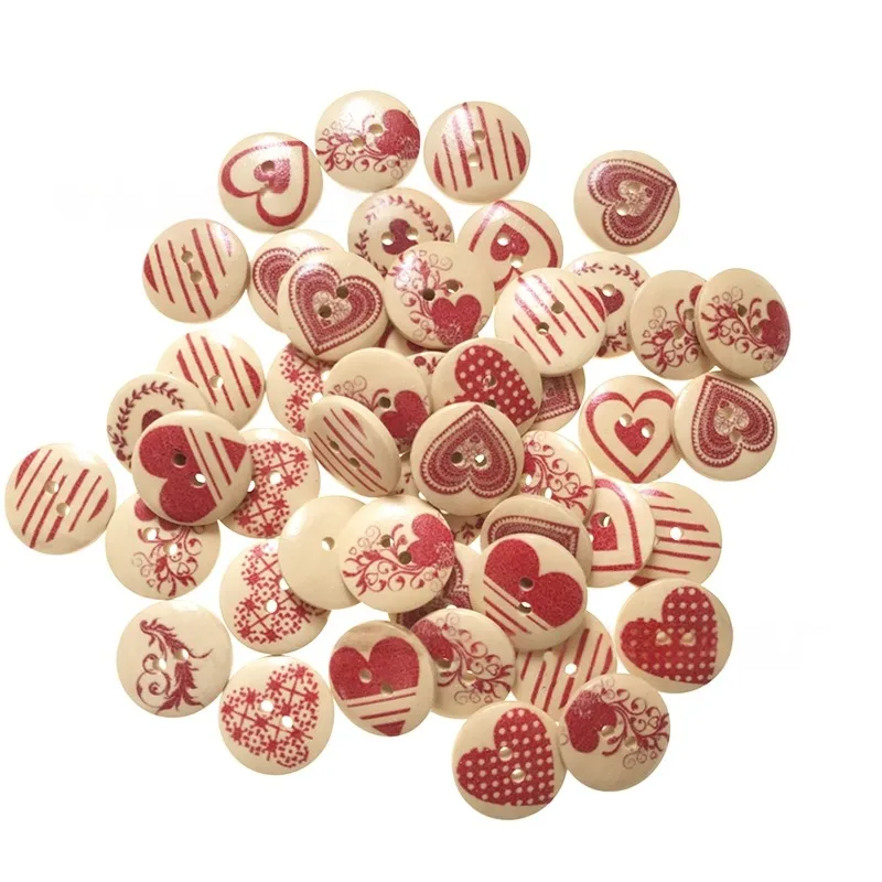 100Pcs 15mm Natural Flat Round Printed Wood Buttons 2-Hole Flat Round with Heart Decorative Wooden Buttonsfor DIY Sewing - view 4