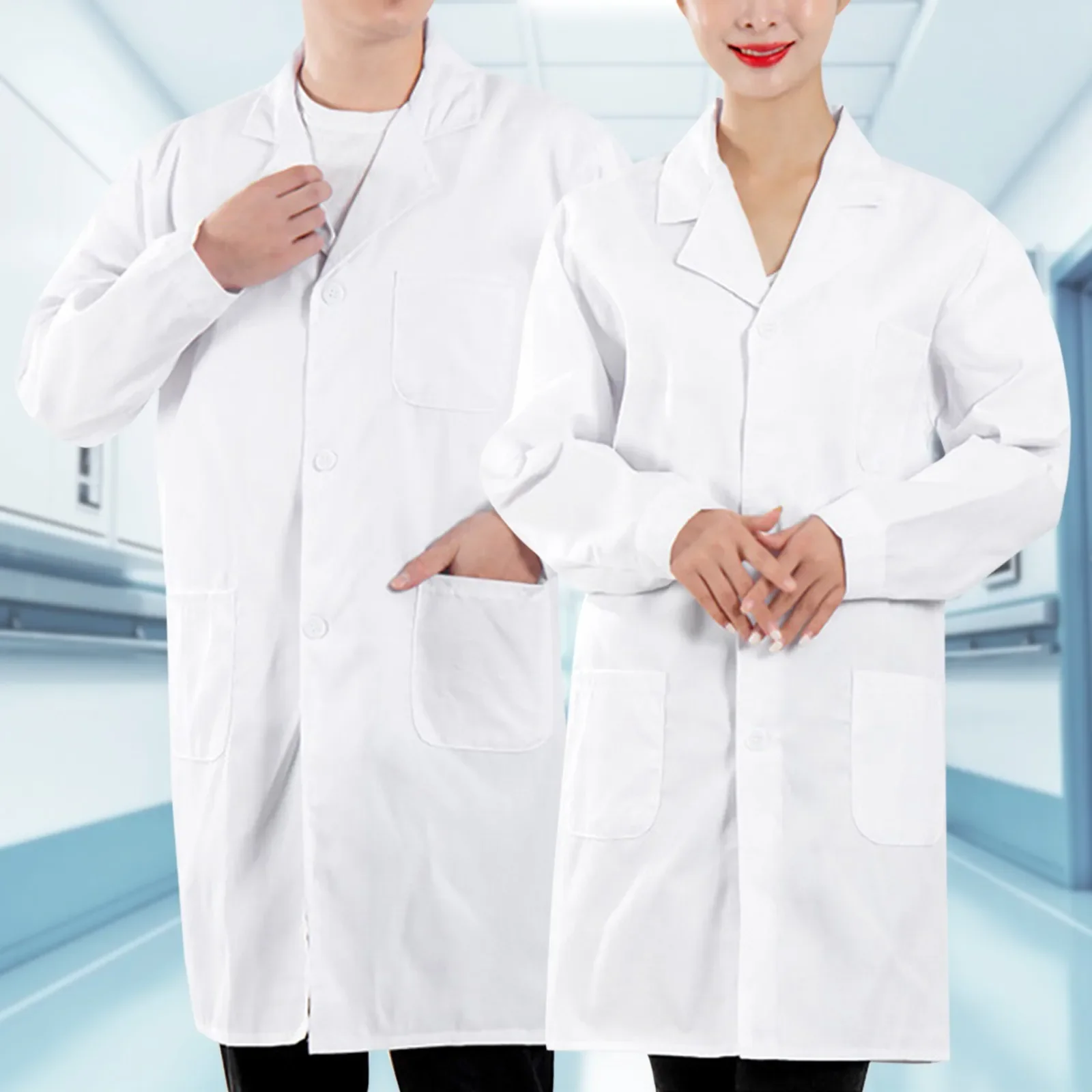 Women Men Unisex Long Sleeve White Lab Coat Notched Lapel Collar Button Down Medical Nurse Doctor Uniform Tunic Blouse