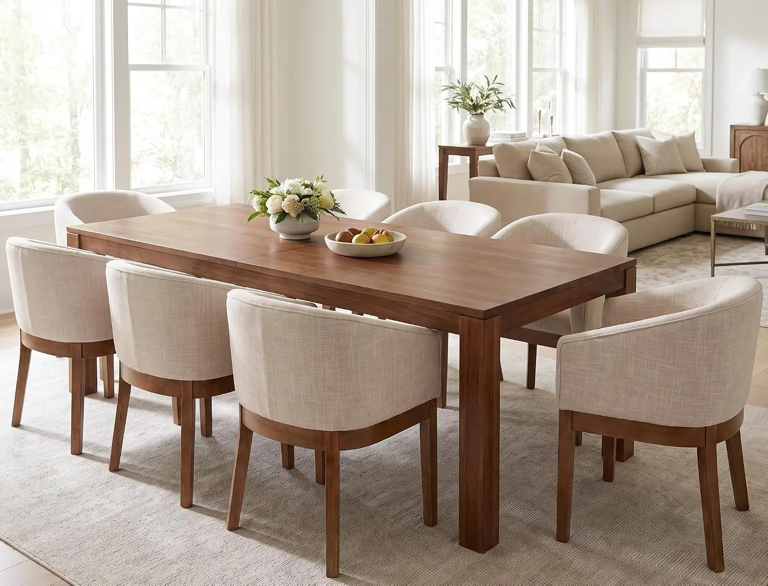 Mid-Century Modern Beige Dining Chairs Set of 8, Linen Upholstered Kitchen Dining Room Chairs with Natural Wood Legs